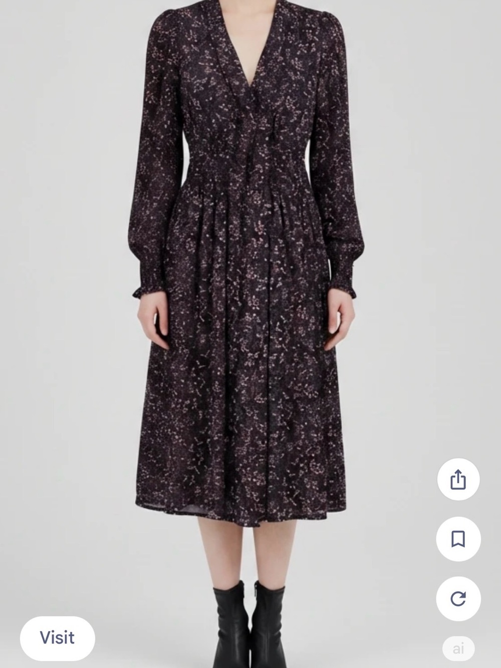 Max Studio Black Floral V-Neck Long Sleeve Midi Dress Size S
